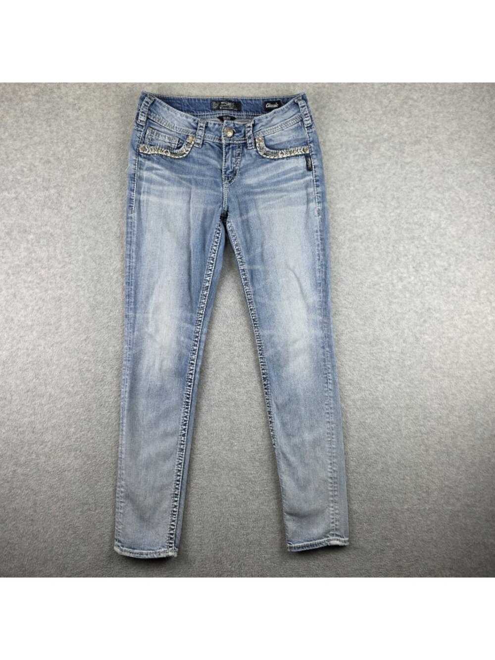 Silver Jeans Suki Mid Skinny Jeans Womens 28 Light Wash Blue Stretch Embroidered